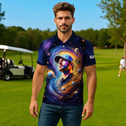 Custom Cosmic Portrait Polo Shirt – Personalized Surreal Galaxy Art with Your Face | Unique Gift for Golfers, Sports & Astrology Fans Style 4