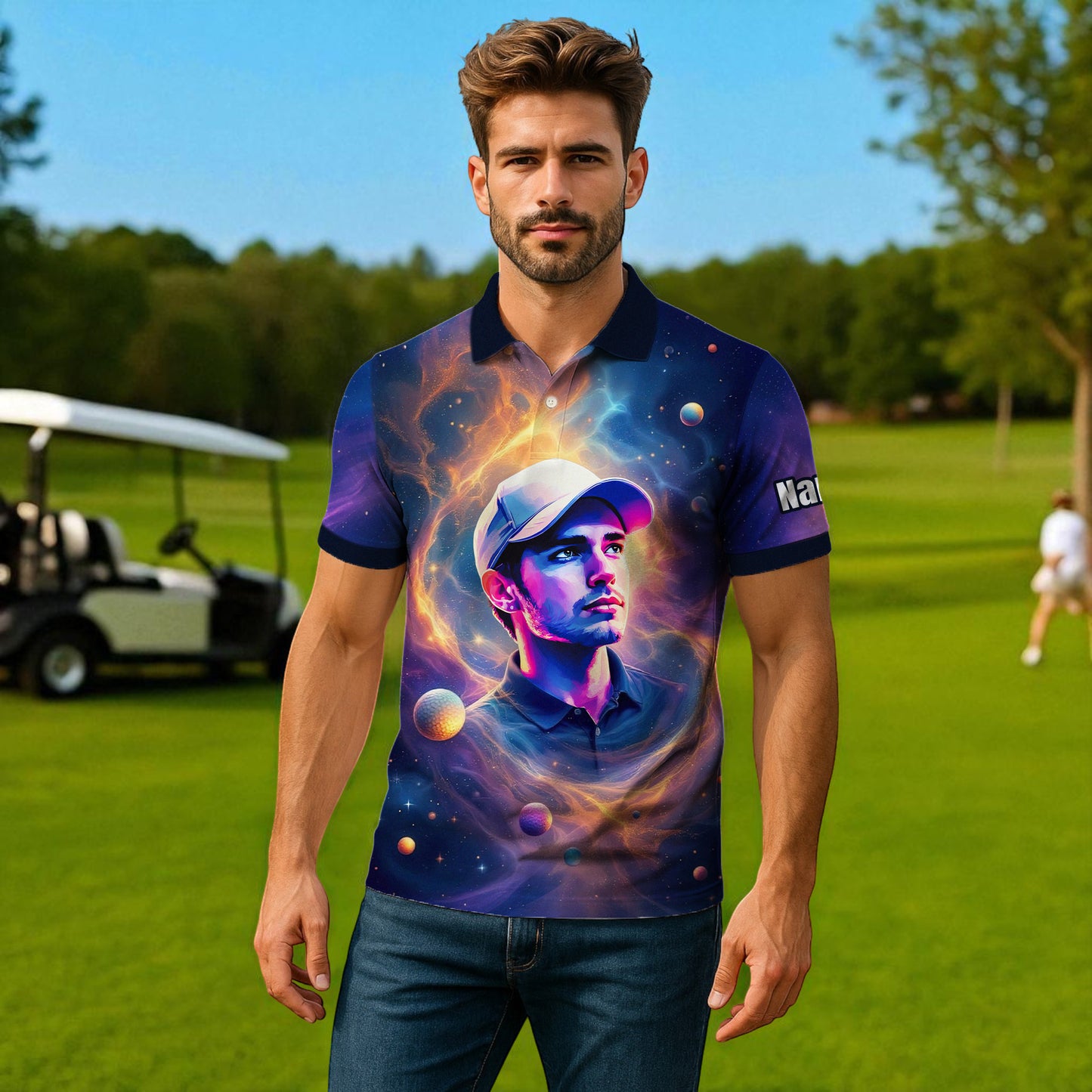 Custom Cosmic Portrait Polo Shirt – Personalized Surreal Galaxy Art with Your Face | Unique Gift for Golfers, Sports & Astrology Fans Style 6
