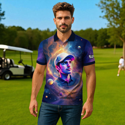 Custom Cosmic Portrait Polo Shirt – Personalized Surreal Galaxy Art with Your Face | Unique Gift for Golfers, Sports & Astrology Fans Style 6