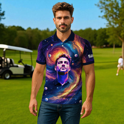 Custom Cosmic Portrait Polo Shirt – Personalized Surreal Galaxy Art with Your Face | Unique Gift for Golfers, Sports & Astrology Fans Style 7