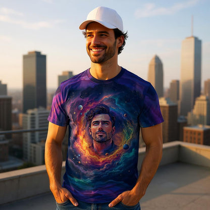Custom Face Surreal Cosmic Art T-Shirt – Personalized Galaxy Universe Tee with Trippy Sci-Fi Design for Unique Gifts & Style