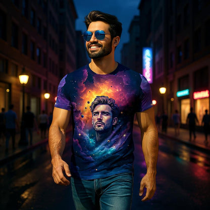 Custom Face Surreal Cosmic Art T-Shirt – Personalized Galaxy Universe Tee with Trippy Sci-Fi Design for Unique Gifts & Style