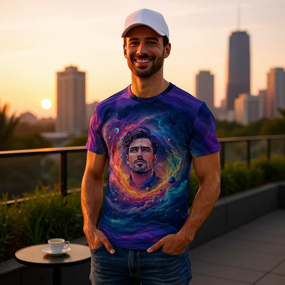 Custom Face Surreal Cosmic Art T-Shirt – Personalized Galaxy Universe Tee with Trippy Sci-Fi Design for Unique Gifts & Style