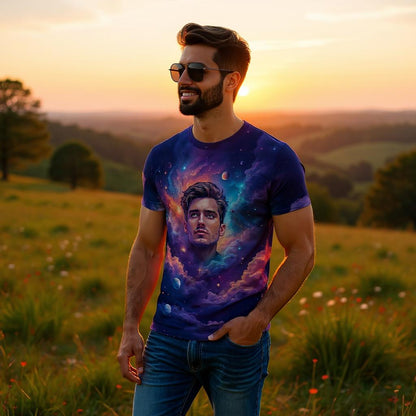 Custom Face Surreal Cosmic Art T-Shirt – Personalized Galaxy Universe Tee with Trippy Sci-Fi Design for Unique Gifts & Style