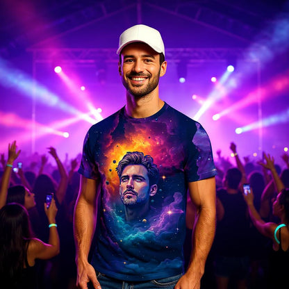 Custom Face Surreal Cosmic Art T-Shirt – Personalized Galaxy Universe Tee with Trippy Sci-Fi Design for Unique Gifts & Style
