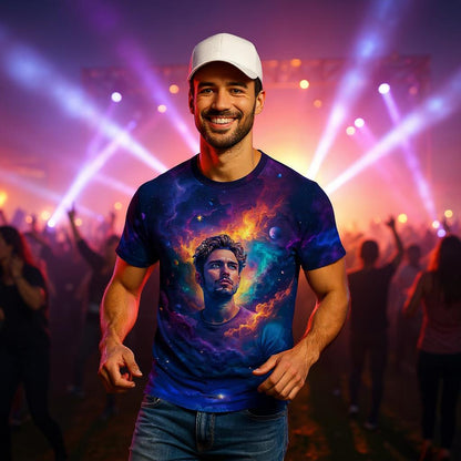 Custom Face Surreal Cosmic Art T-Shirt – Personalized Galaxy Universe Tee with Trippy Sci-Fi Design for Unique Gifts & Style
