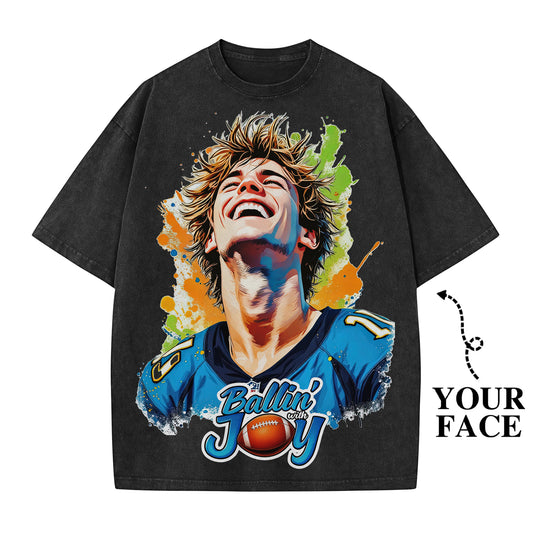 Custom Portrait Shirt – Ballin' With Joy – Personalized Graffiti Face Tee – Bright Urban Style Gift for Him/Her