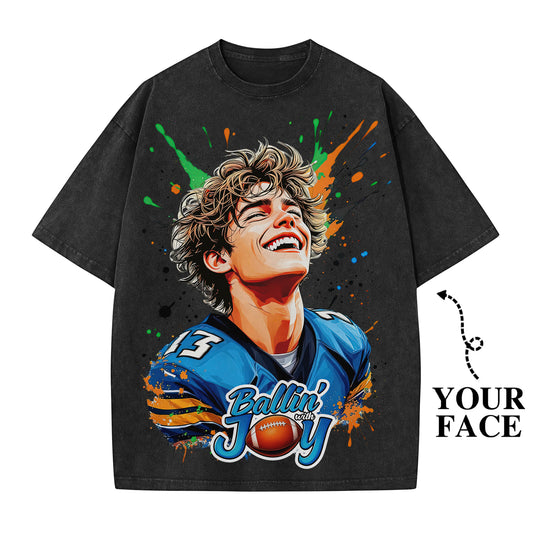 Custom Pop Art Portrait Shirt – Ballin' With Joy – Personalized Graffiti Face Tee – Bright Urban Style Gift for Him/Her