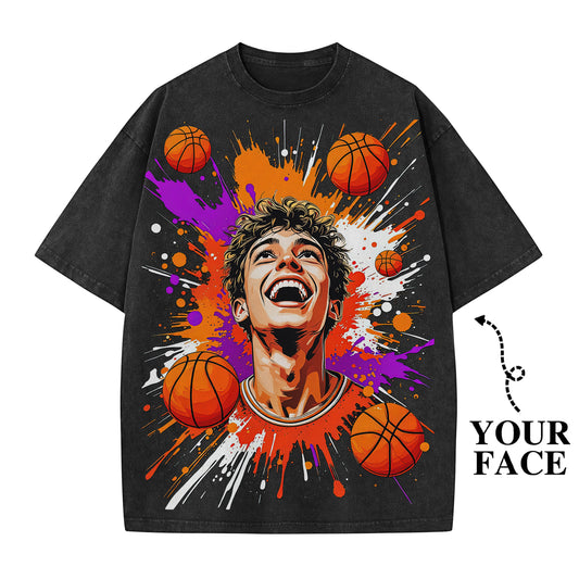 Custom Basketball Graphic T-Shirt with Your Face - Personalized Gift for Sports Fans - Unisex T-Shirt