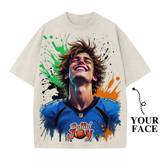 Custom Portrait Shirt – Ballin' With Joy – Personalized Graffiti Face Tee – Bright Urban Style Gift for Him/Her