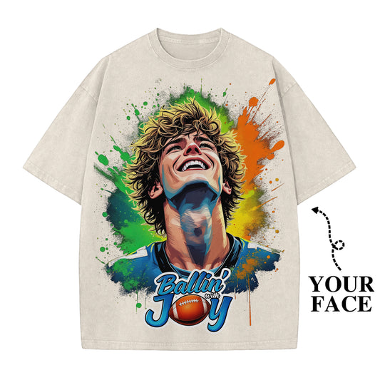 Custom Portrait Shirt – Ballin' With Joy – Personalized Graffiti Face Tee – Bright Urban Style Gift for Him/Her