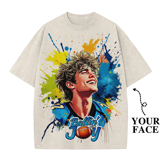 Custom Portrait Shirt – Ballin' With Joy – Personalized Graffiti Face Tee – Bright Urban Style Gift for Him/Her