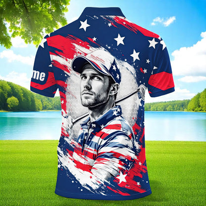 HomyGifts Men's Customized Face Artistic Golf Polo Shirt, Personalized American Flag Design, Unique Gift for Patriotic Golfers Style 13
