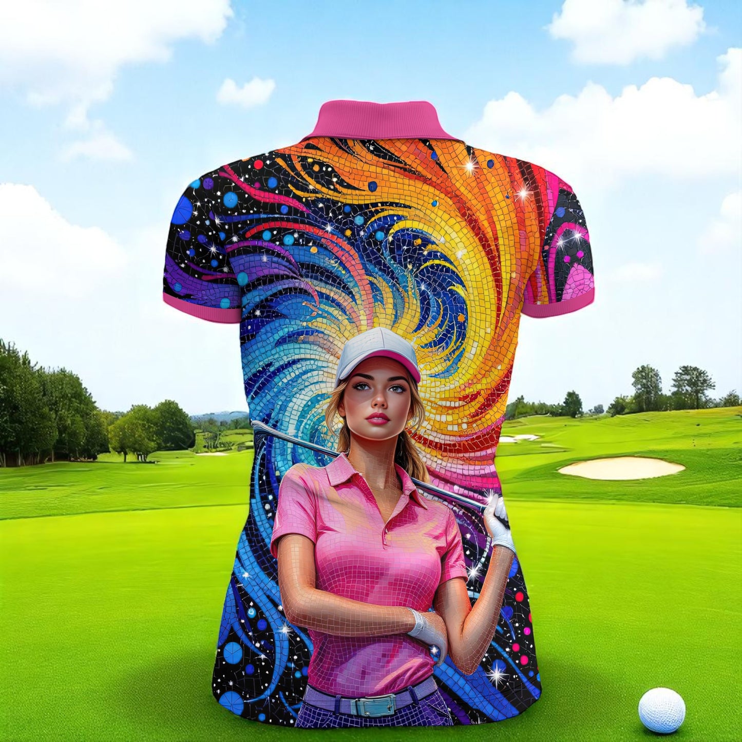 Custom Face Mosaic Art Golf Polo Shirt – Personalized Women's Golfwear Style 6