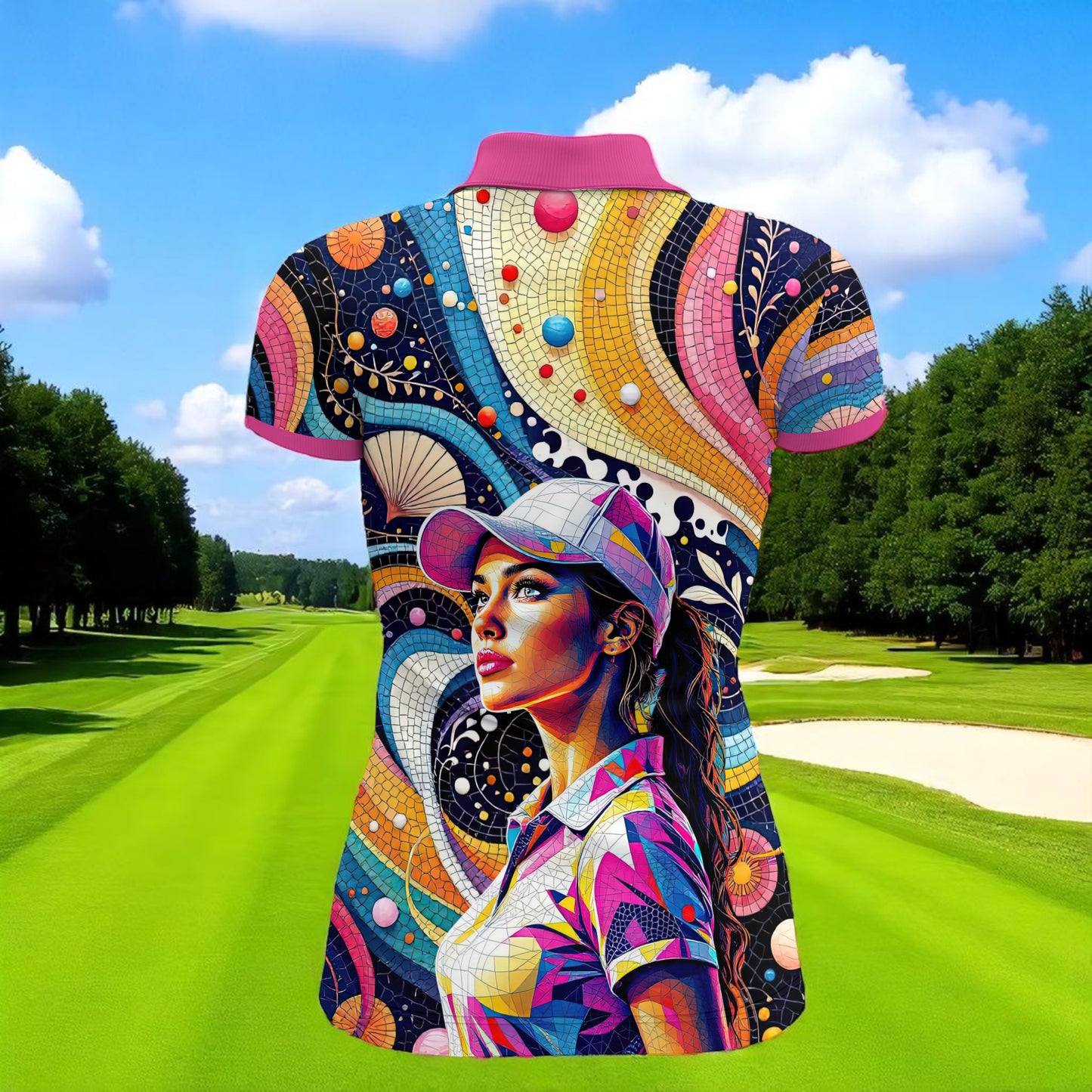 Custom Face Mosaic Art Golf Polo Shirt – Personalized Women's Golfwear Style 12