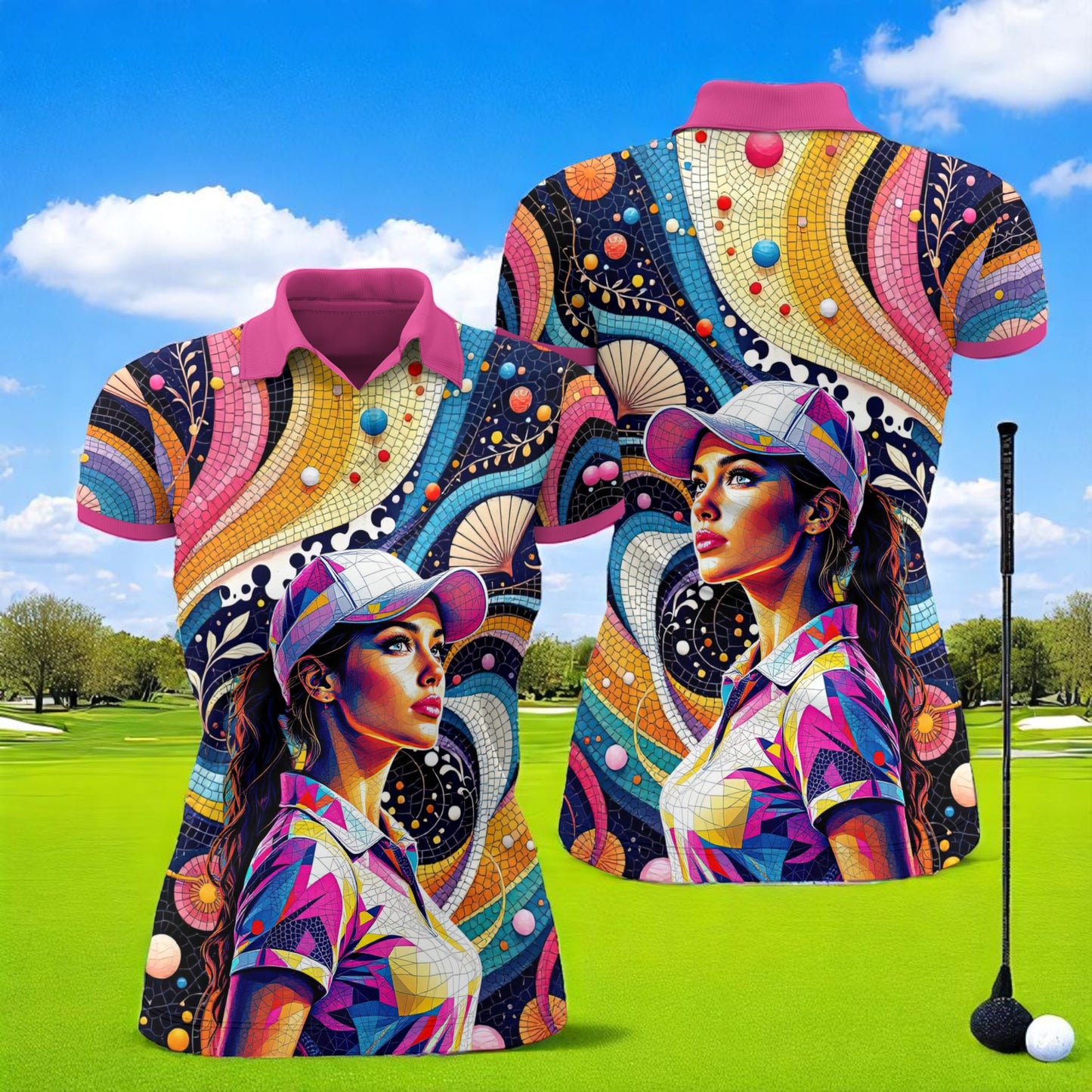 Custom Face Mosaic Art Golf Polo Shirt – Personalized Women's Golfwear Style 12