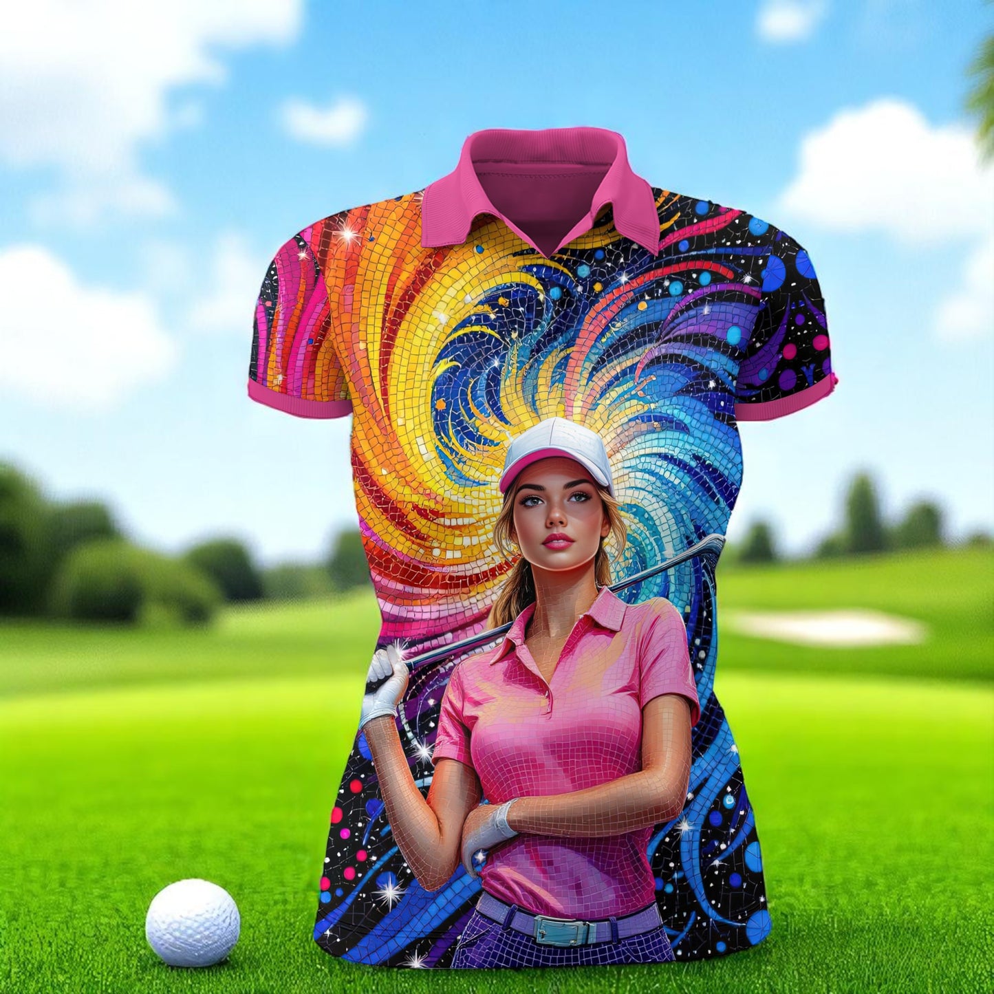 Custom Face Mosaic Art Golf Polo Shirt – Personalized Women's Golfwear Style 6