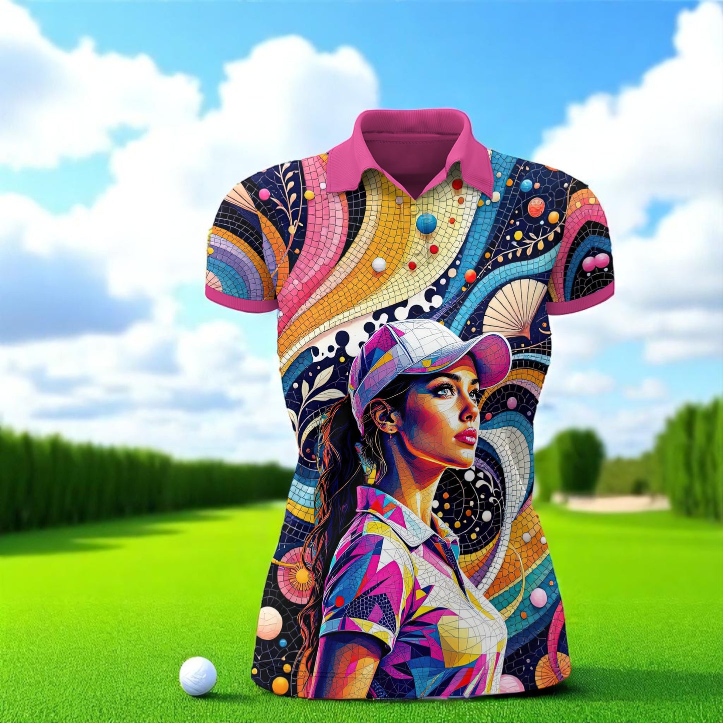 Custom Face Mosaic Art Golf Polo Shirt – Personalized Women's Golfwear Style 12