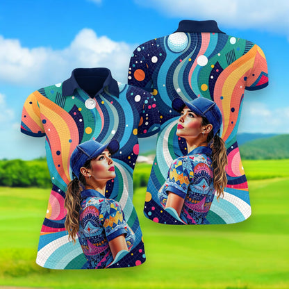 Custom Face Artistic Golf Polo Shirt for Women - Mosaic Design Style 26