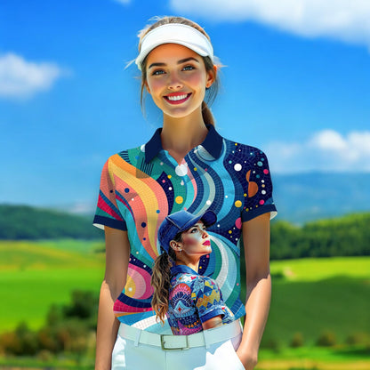 Custom Face Artistic Golf Polo Shirt for Women - Mosaic Design Style 26