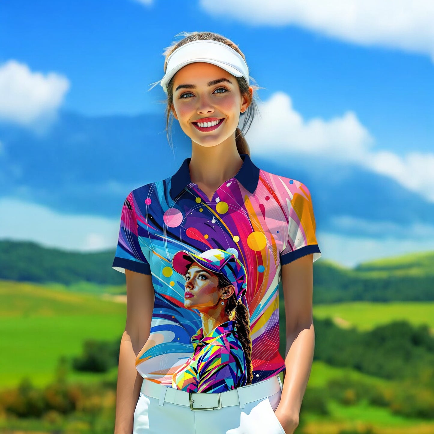 Custom Face Artistic Golf Polo Shirt for Women - Mosaic Design Style 27