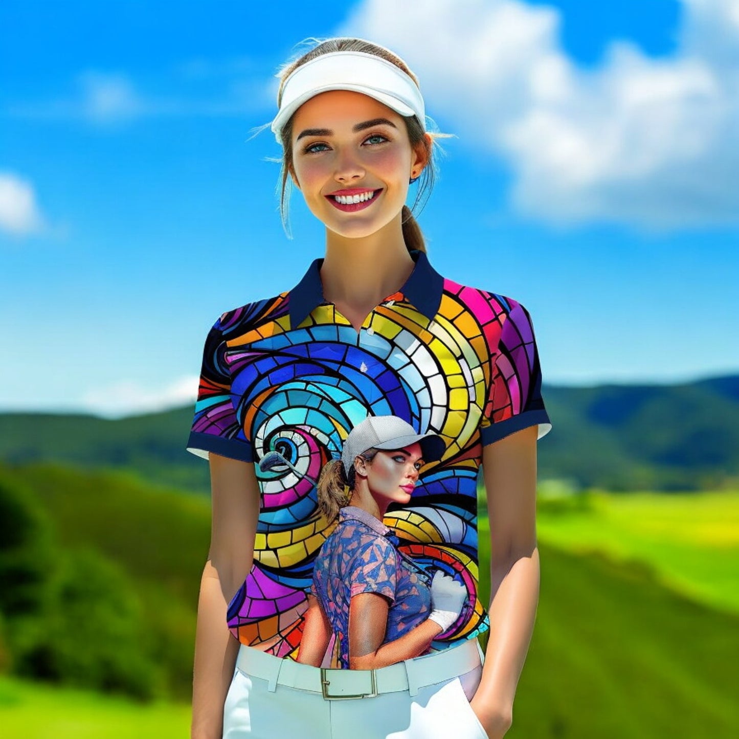 Custom Face Artistic Golf Polo Shirt for Women - Mosaic Design Style 29