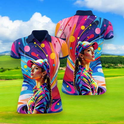 Custom Face Artistic Golf Polo Shirt for Women - Mosaic Design Style 27