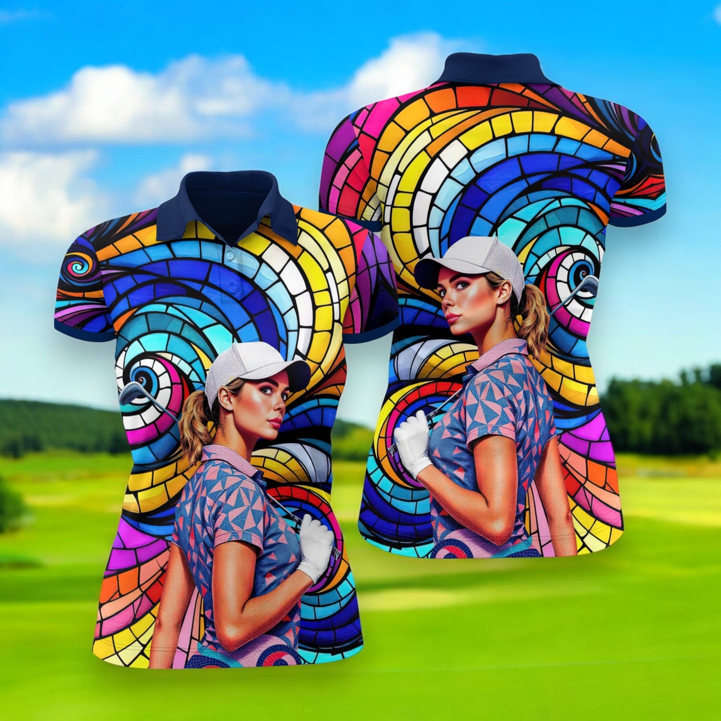 Custom Face Artistic Golf Polo Shirt for Women - Mosaic Design Style 29