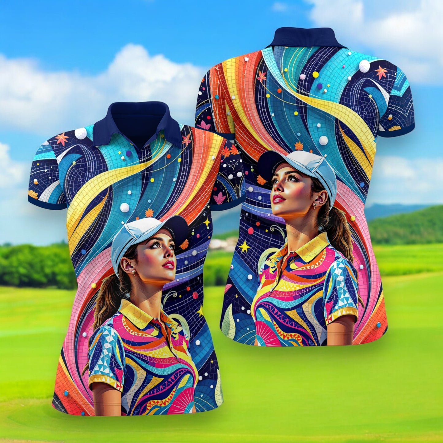 Custom Face Artistic Golf Polo Shirt for Women - Mosaic Design Style 16