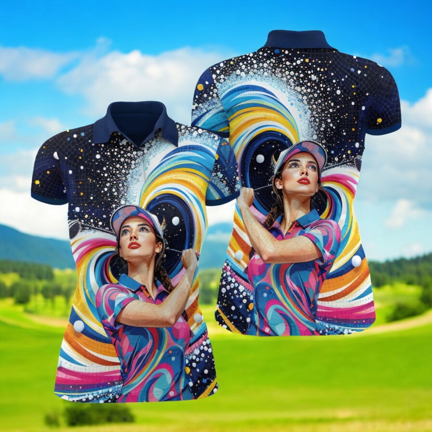 Custom Face Artistic Golf Polo Shirt for Women - Mosaic Design Style 20