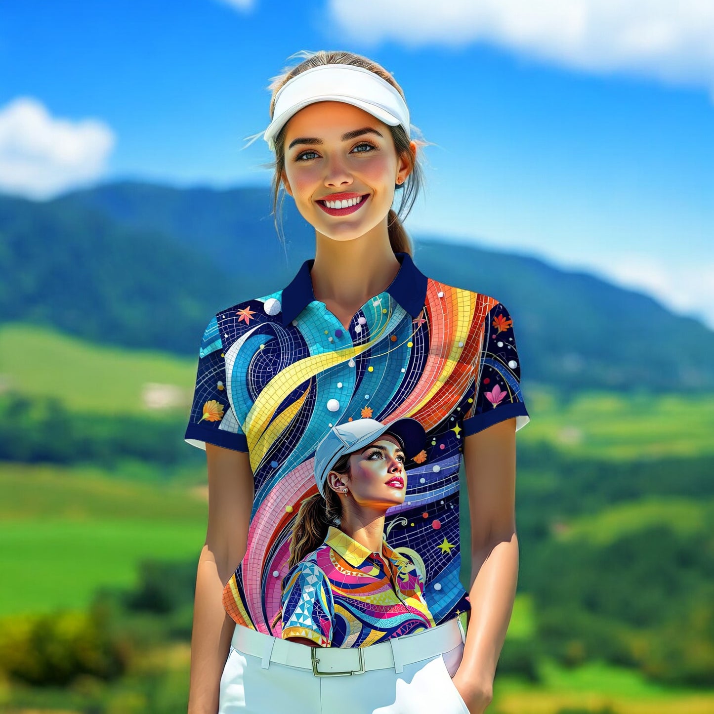 Custom Face Artistic Golf Polo Shirt for Women - Mosaic Design Style 16