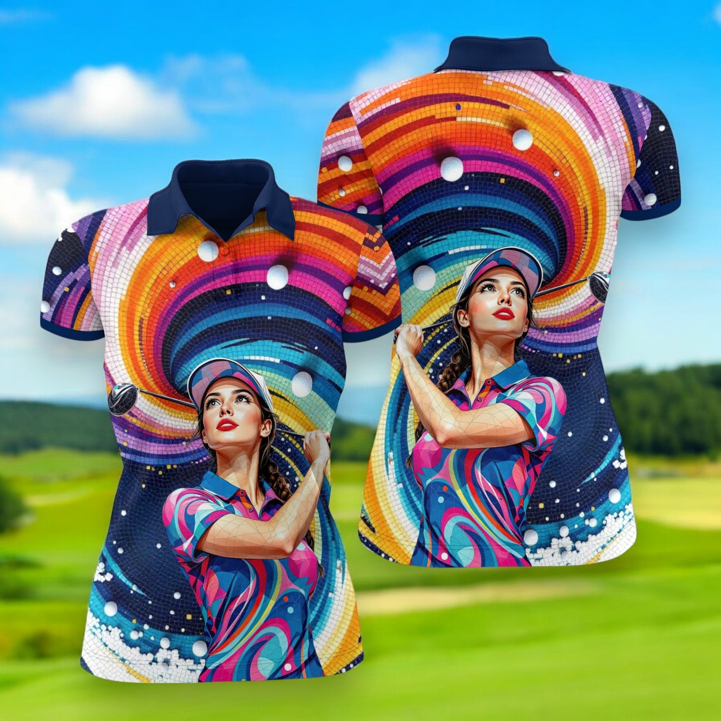 Custom Face Artistic Golf Polo Shirt for Women - Mosaic Design Style 24