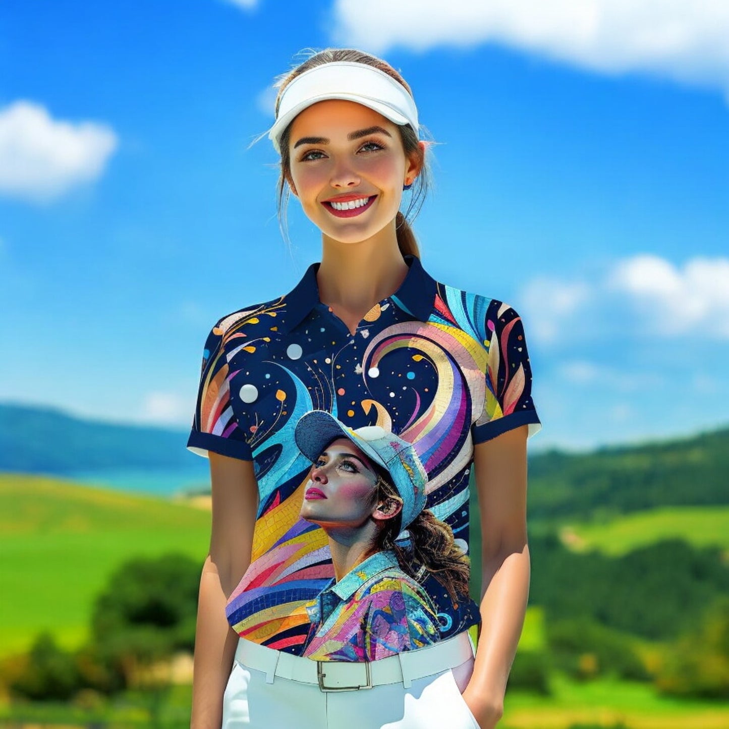 Custom Face Artistic Golf Polo Shirt for Women - Mosaic Design Style 17