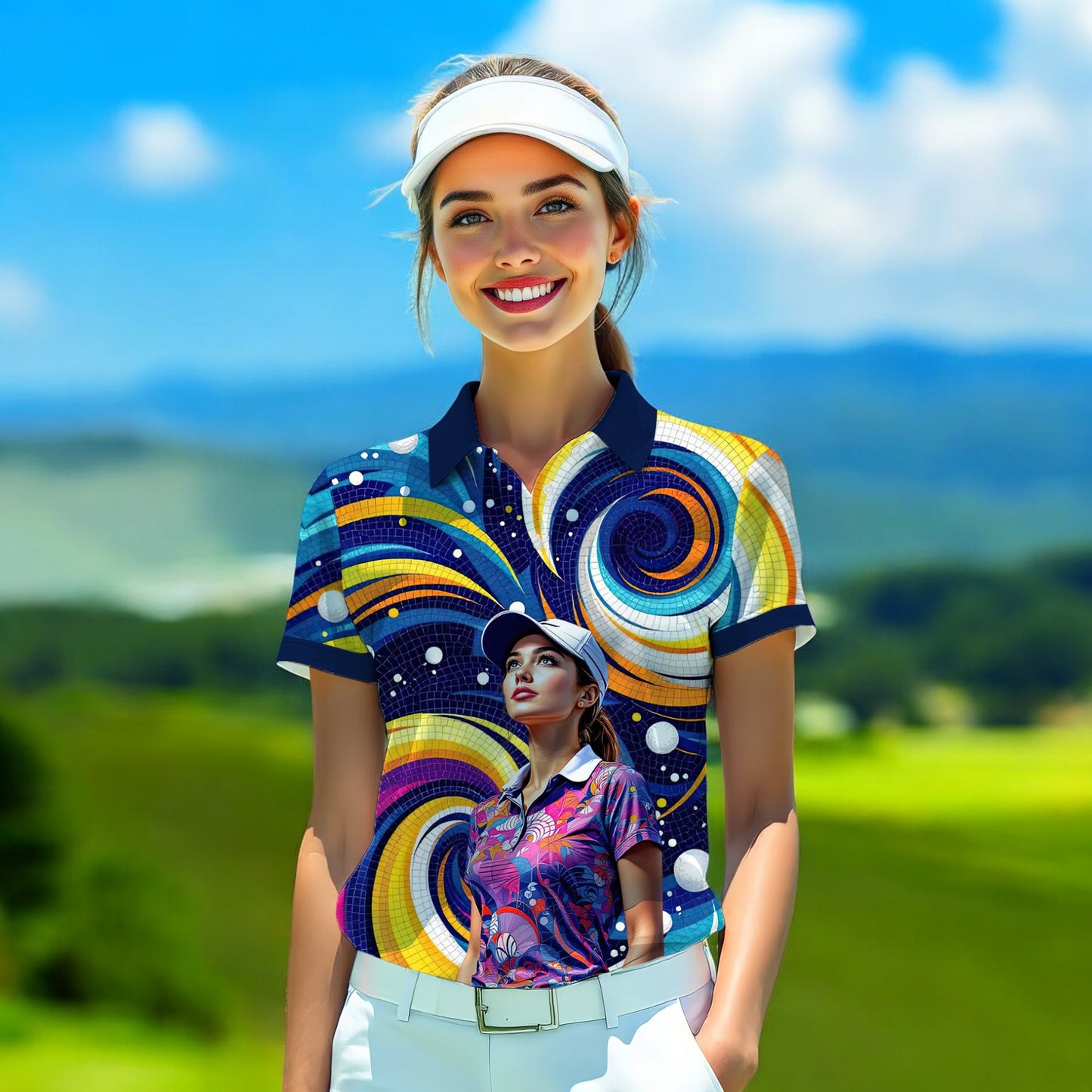 Custom Face Artistic Golf Polo Shirt for Women - Mosaic Design Style 21