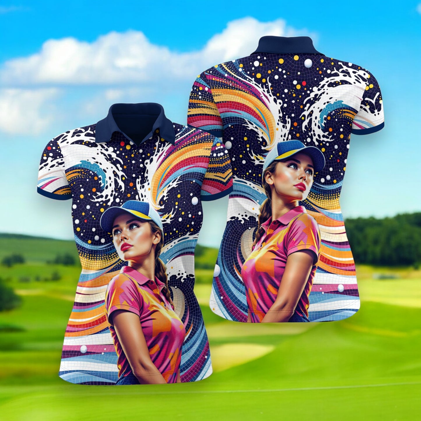 Custom Face Artistic Golf Polo Shirt for Women - Mosaic Design Style 22