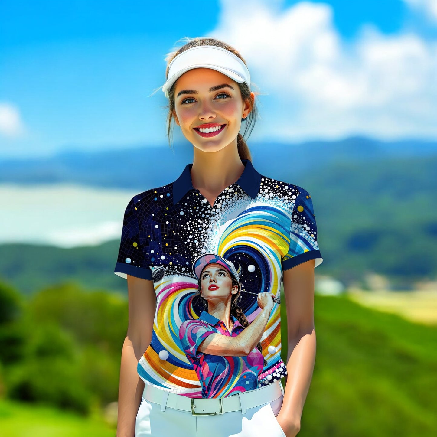 Custom Face Artistic Golf Polo Shirt for Women - Mosaic Design Style 20