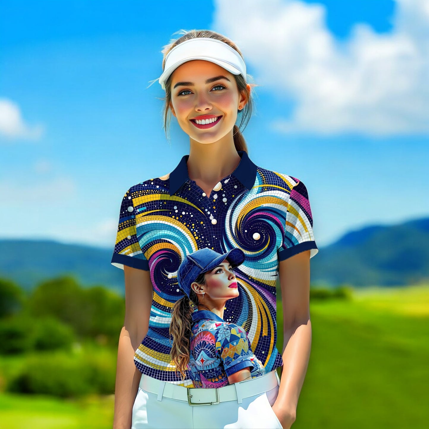 Custom Face Artistic Golf Polo Shirt for Women - Mosaic Design Style 23