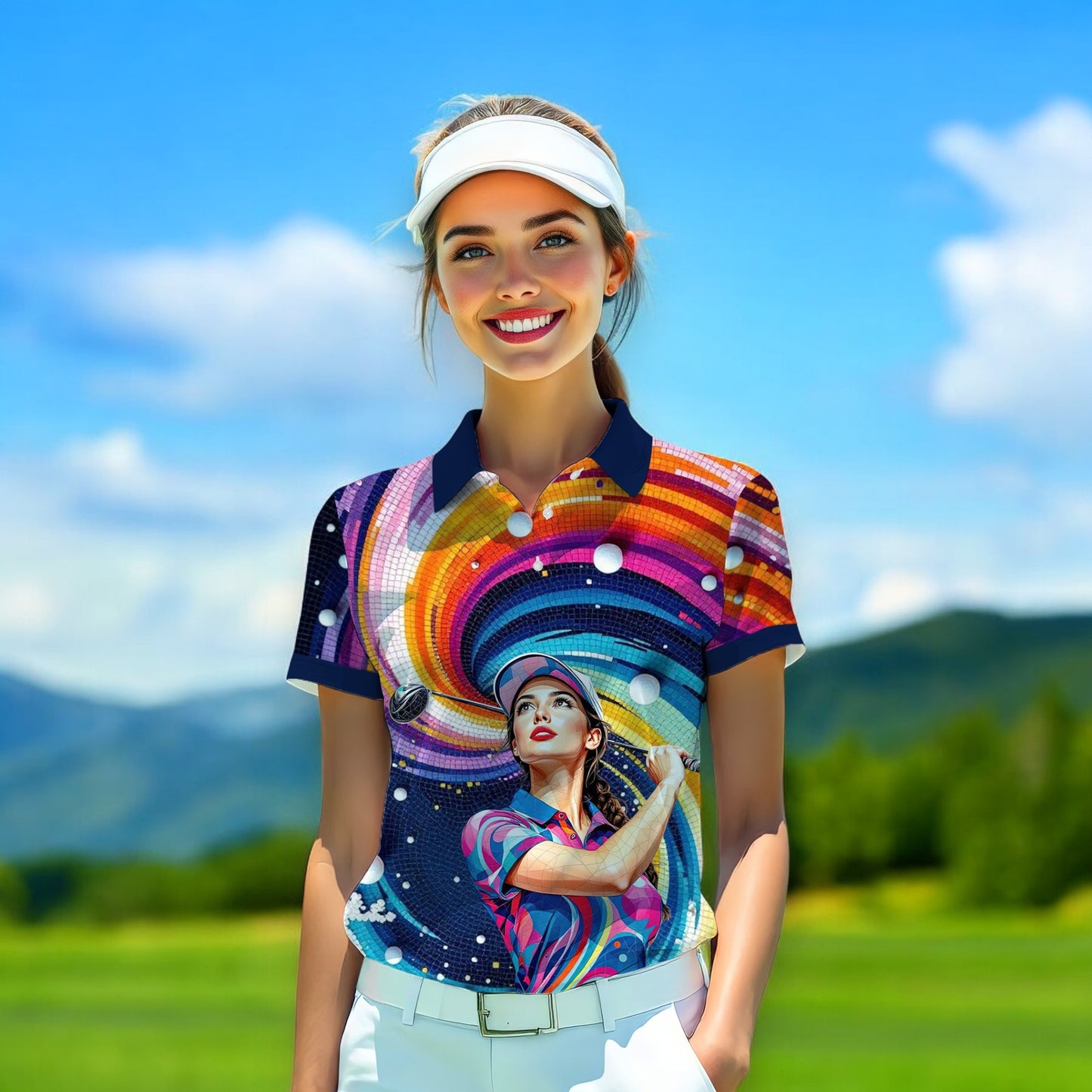 Custom Face Artistic Golf Polo Shirt for Women - Mosaic Design Style 24