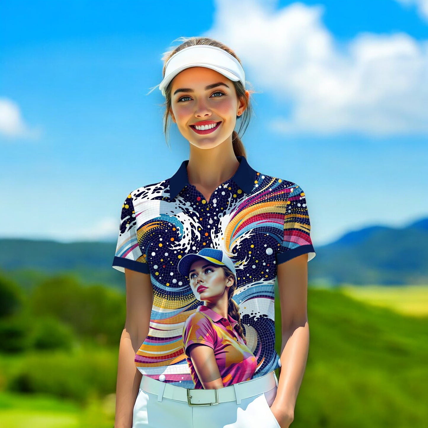 Custom Face Artistic Golf Polo Shirt for Women - Mosaic Design Style 22
