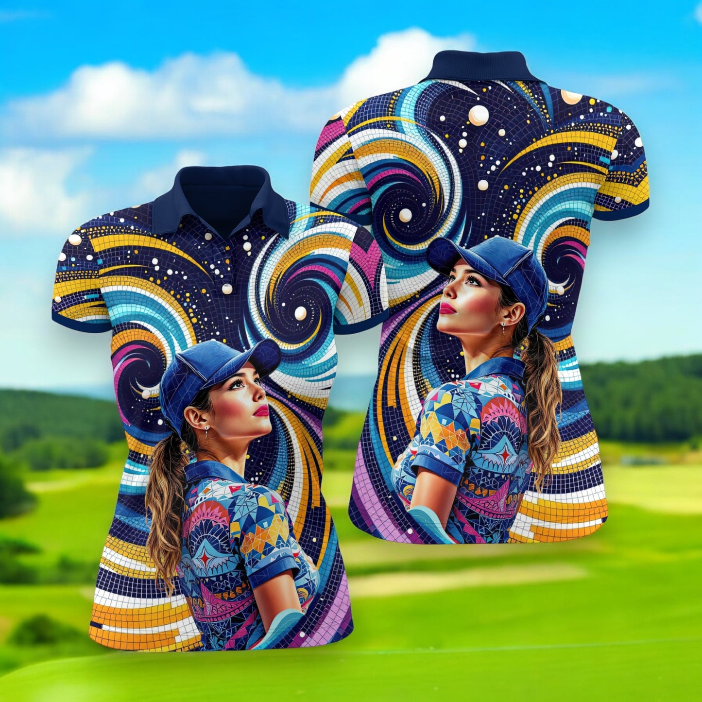 Custom Face Artistic Golf Polo Shirt for Women - Mosaic Design Style 23