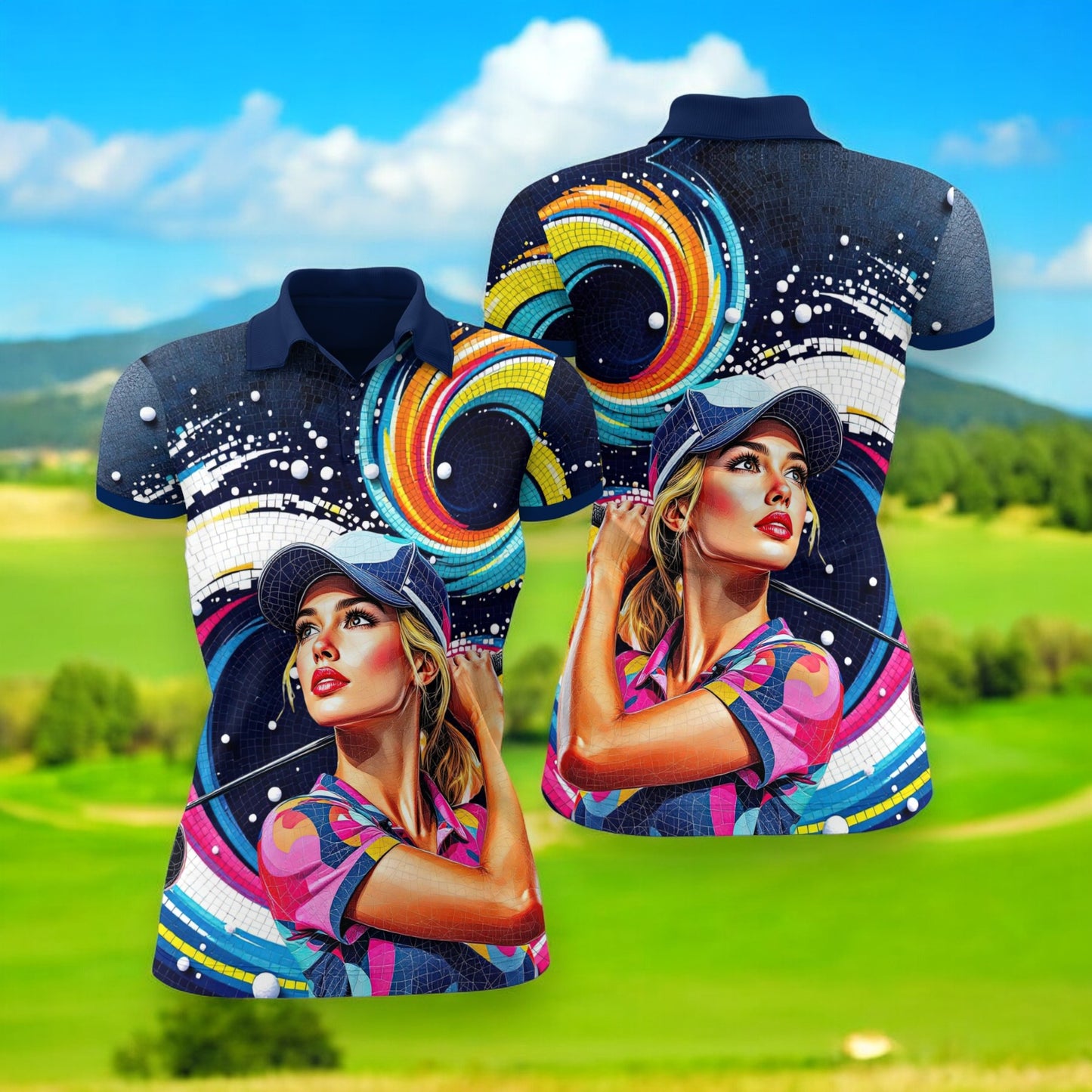 Custom Face Artistic Golf Polo Shirt for Women - Mosaic Design Style 19
