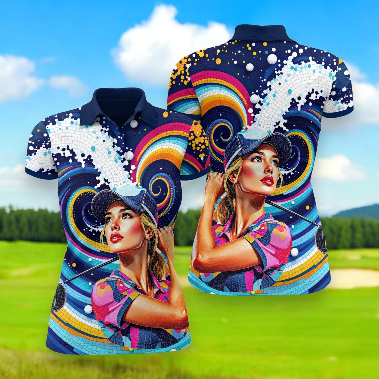 Custom Face Artistic Golf Polo Shirt for Women - Mosaic Design Style 25