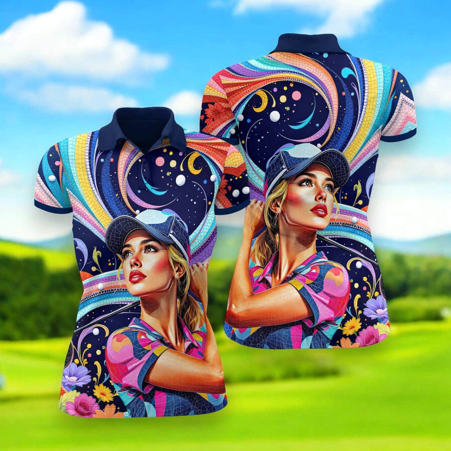 Custom Face Artistic Golf Polo Shirt for Women - Mosaic Design Style 18