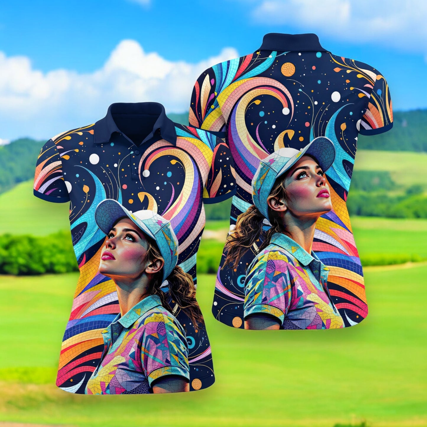 Custom Face Artistic Golf Polo Shirt for Women - Mosaic Design Style 17