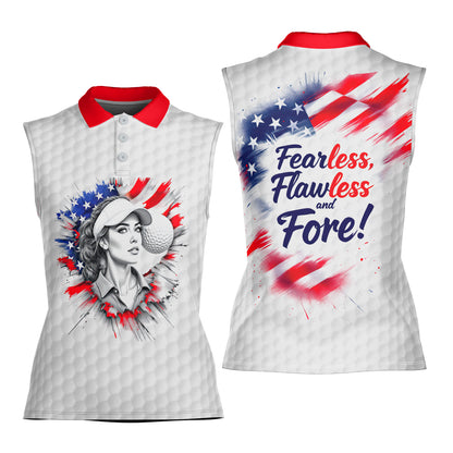 Fearless, Flawless, Fore! Women's Sleeveless Golf Polo Shirt - Patriotic Golf Apparel Style 1