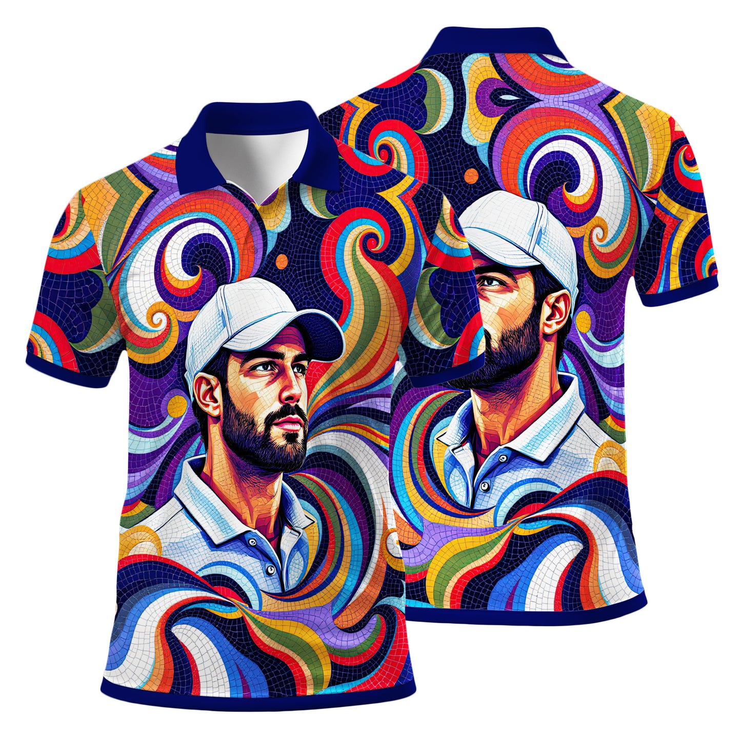 HomyGifts Men's Customized Face Artistic Golf Polo Shirt, Mosaic Art Style, Unique Personalized Golf Polo For Men Style 3