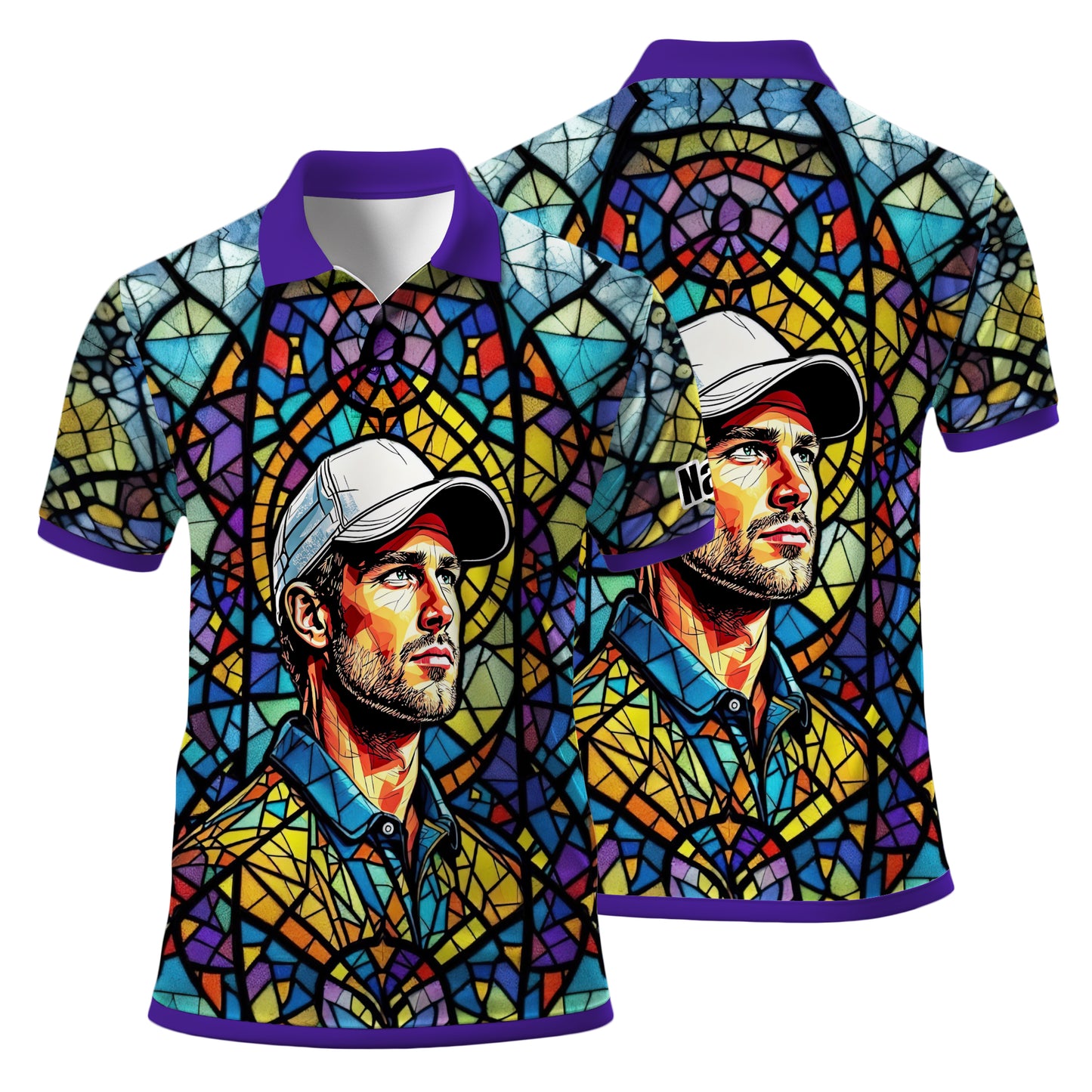 Custom Face Golf Polo Shirt – Personalized Stained Glass Art Shirt, Unique Golf Gift for Him, Colorful Abstract Golf Polo, Custom Sportswear