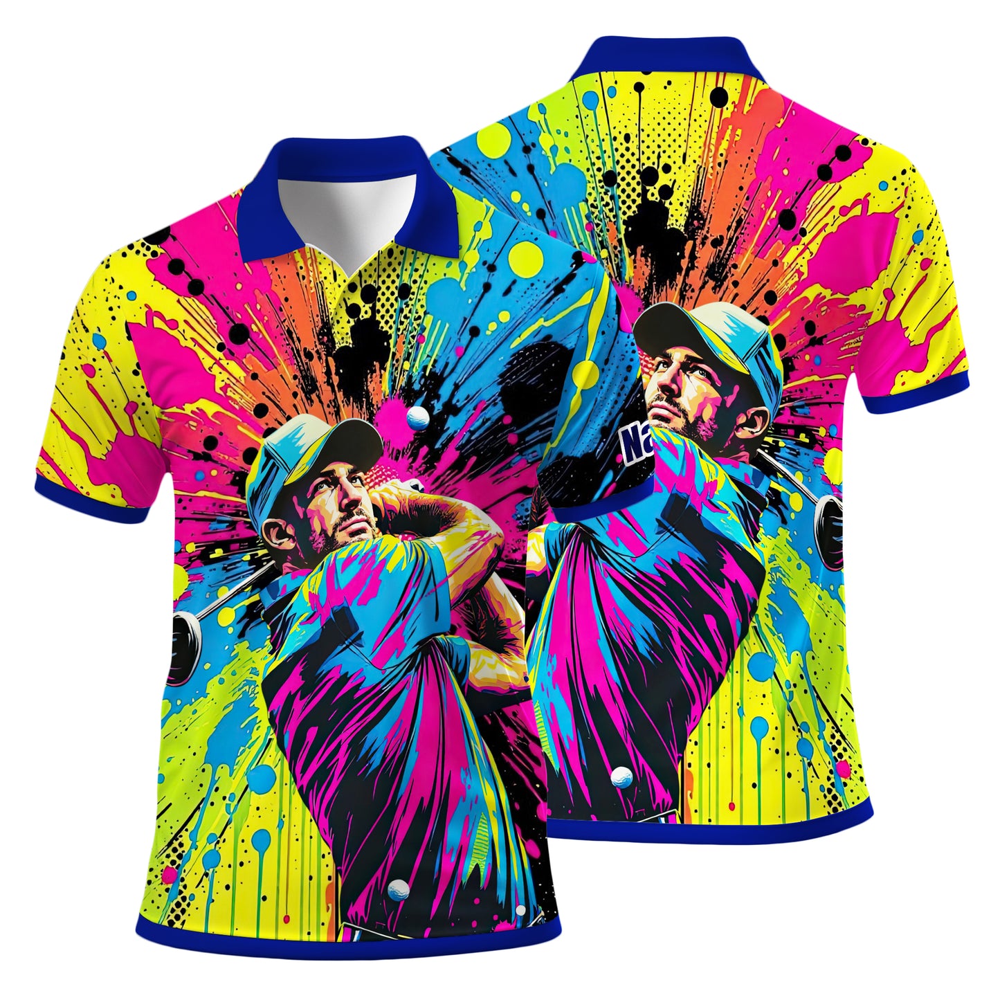 HomyGifts Men's Customized Face Artistic Golf Polo Shirt, Personalized Pop Art Golf Polo, Portrait Gift for Golfers Style 7