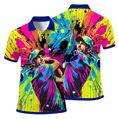 HomyGifts Men's Customized Face Artistic Golf Polo Shirt, Personalized Pop Art Golf Polo, Portrait Gift for Golfers Style 7