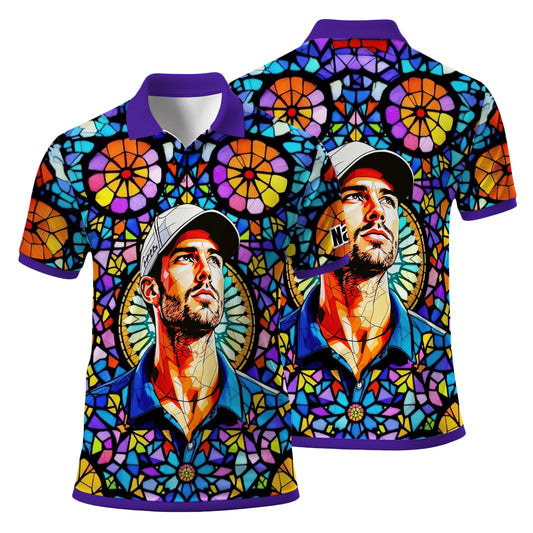 Custom Face Golf Polo Shirt – Personalized Stained Glass Art Shirt, Unique Golf Gift for Him, Colorful Abstract Golf Polo, Custom Sportswear